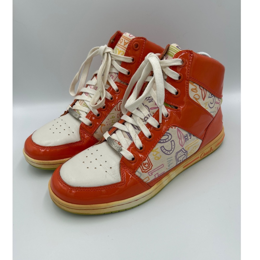 Coach Norra Orange Patent Leather Graffiti Doodle High Top Sneakers Q388 9.5M - Picture 2 of 8